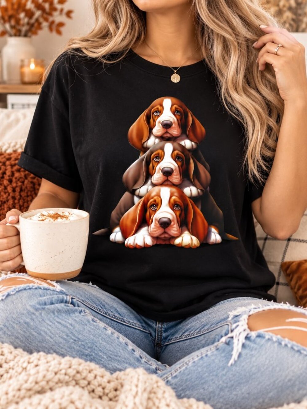 Women’s Black T-Shirt Cute Puppy Dog Graphic Tee Pet Lover Casual Top